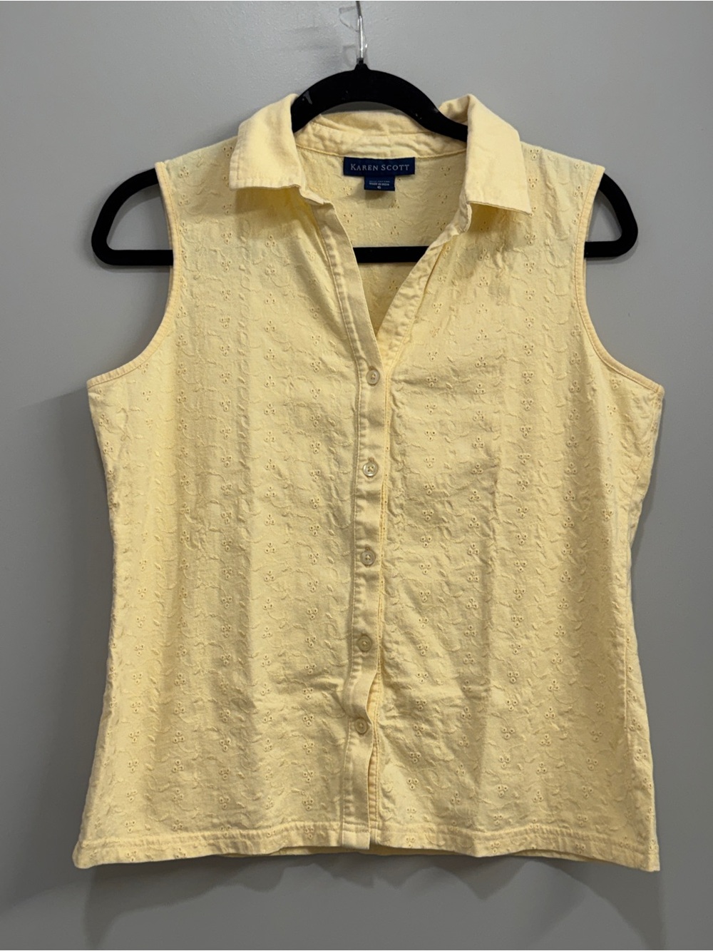 Karen Scott Yellow Eyelet Button Front Sleeveless Top Cotton Petite